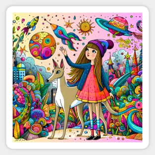 Magical Dog and Girl Whimsical Fantasy Sticker